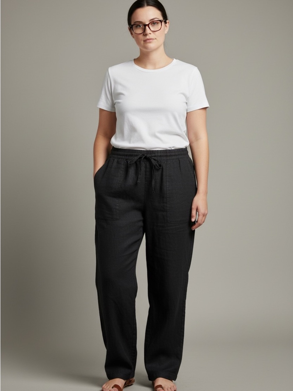 Linen blend Black Pull-On Pants